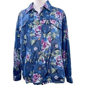 Sharon Anthony Women's 1X Floral Denim Jacket Blue Vintage Style